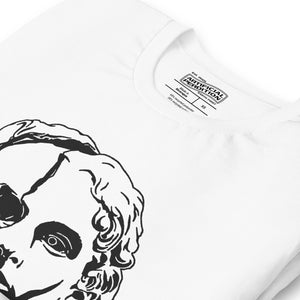 Split face illustration, half classical sculpture bust and half skull, black and white high contrast, Dead Inside, Artificial Perdition apparel