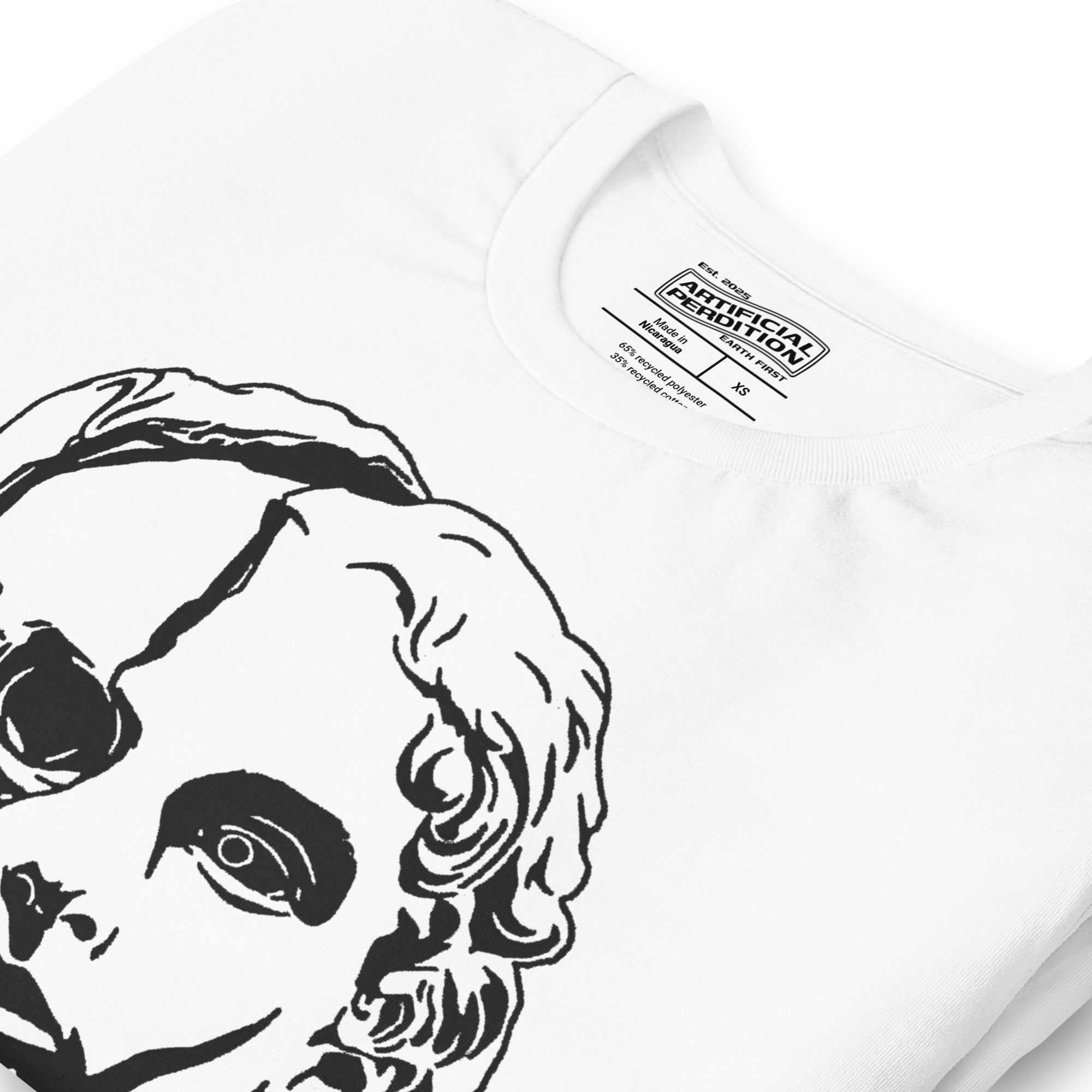 Split face illustration, half classical sculpture bust and half skull, black and white high contrast, Dead Inside, Artificial Perdition apparel