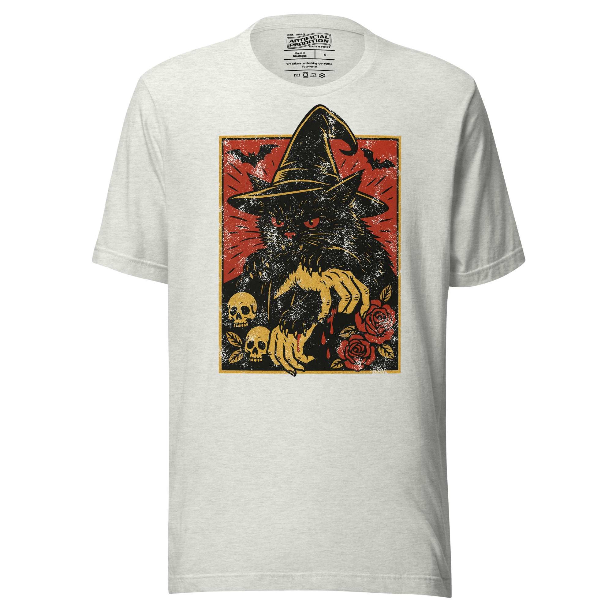 Black cat in witch hat with vampire fangs and skeletal dripping claws, skulls and roses flanking, bats in red sky, horror tattoo flash style, Artificial Perdition