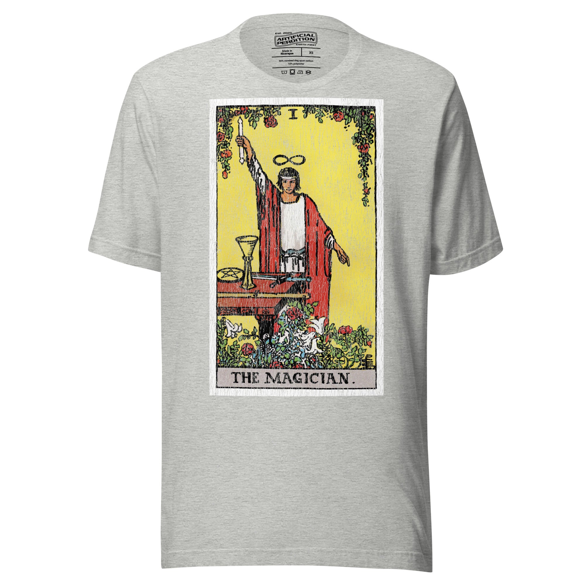 The Magician tarot card, robed figure with wand raised and lemniscate overhead, four suits on table, Rider-Waite style, Artificial Perdition