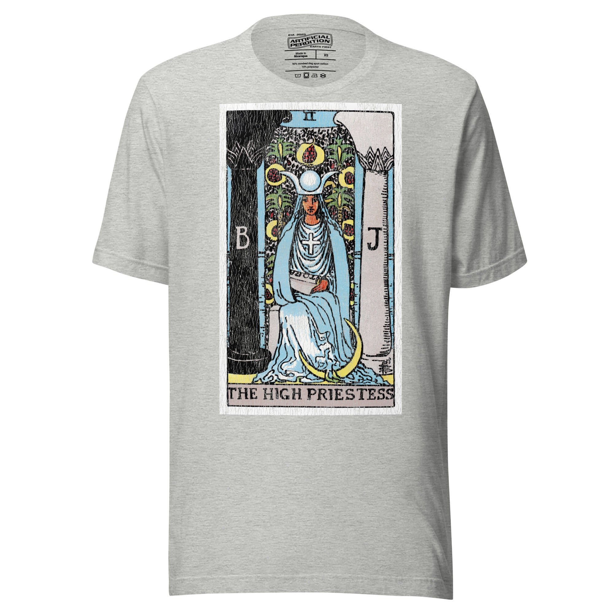 The High Priestess tarot card, robed figure seated between two pillars with scroll and crescent moon, Rider-Waite style, Artificial Perdition