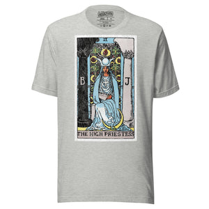 The High Priestess tarot card, robed figure seated between two pillars with scroll and crescent moon, Rider-Waite style, Artificial Perdition