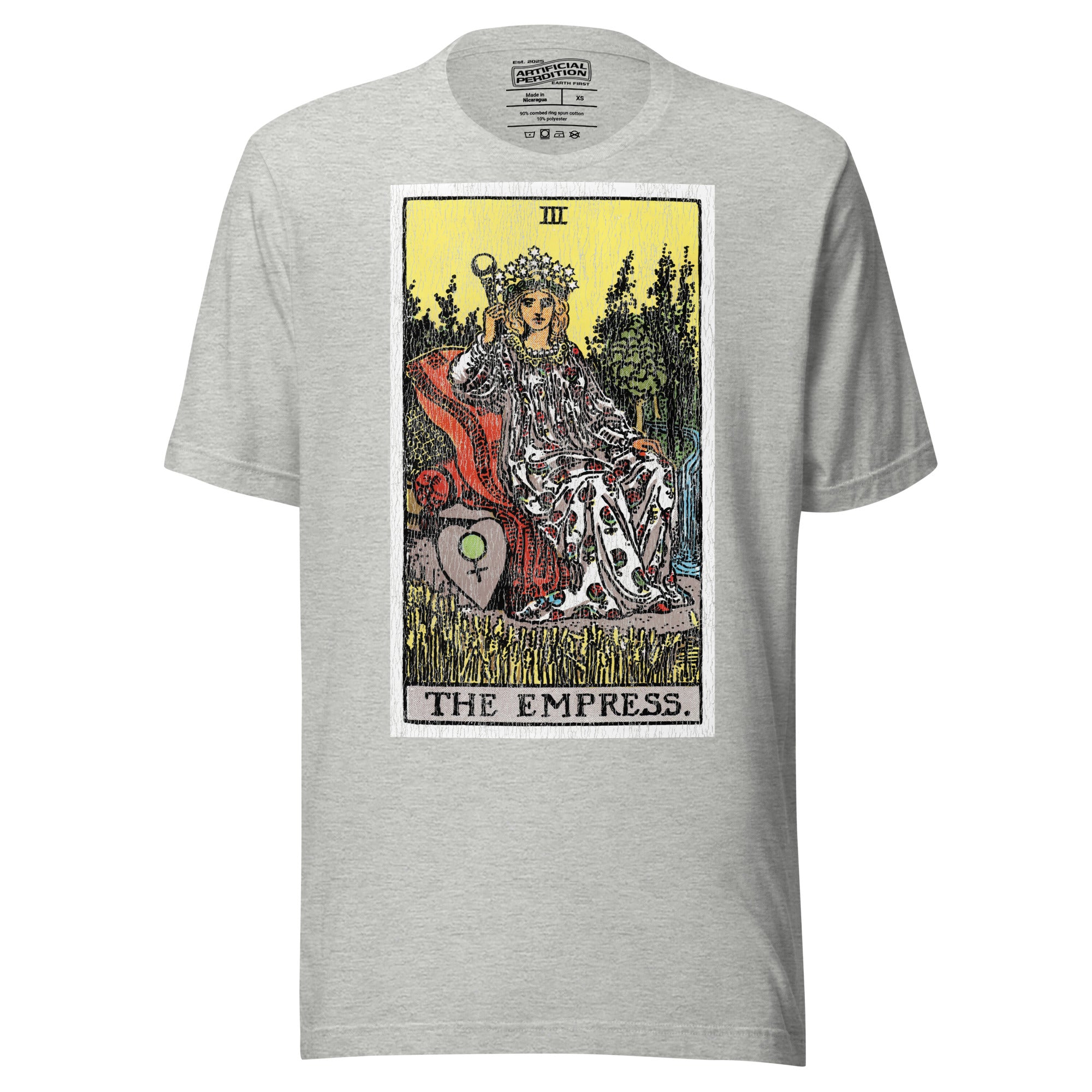 The Empress tarot card, crowned figure enthroned with Venus shield and scepter, wheat field and forest behind her, Rider-Waite style, Artificial Perdition