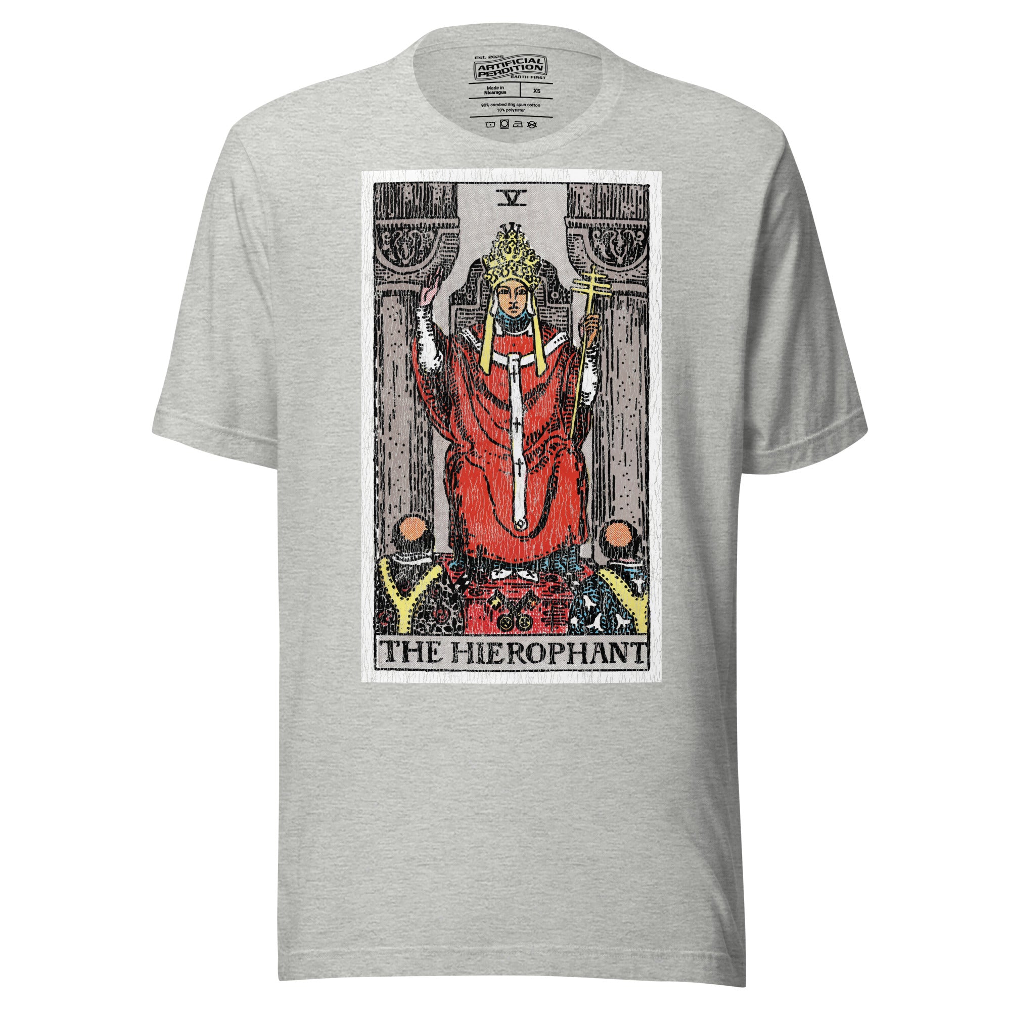 The Hierophant tarot card, triple-crowned figure seated between pillars with crossed keys and kneeling acolytes, Rider-Waite style, Artificial Perdition
