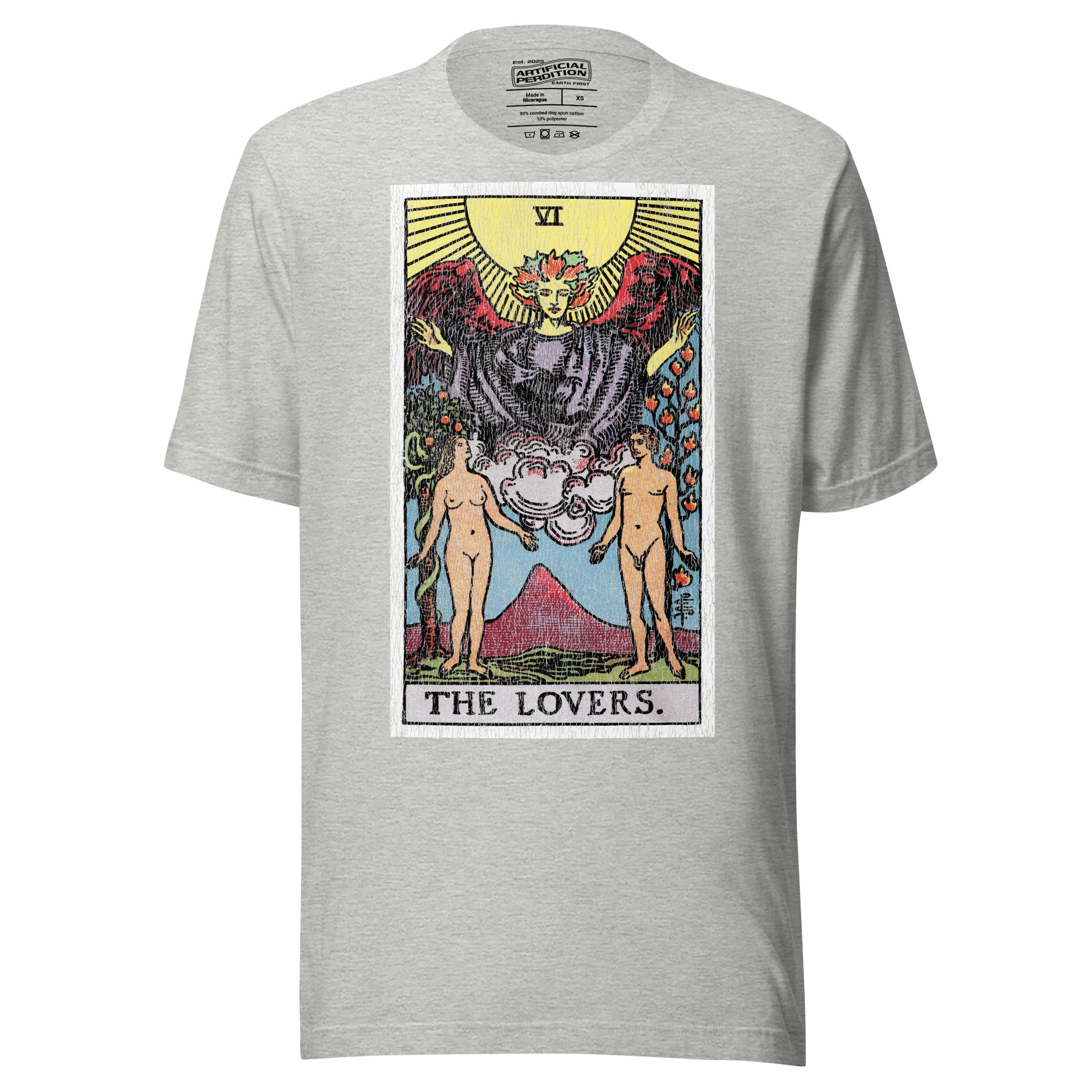 The Lovers tarot card, unveiled man and woman beneath winged figure with Tree of Life and serpent-wrapped Tree of Knowledge, Rider-Waite style, Artificial Perdition