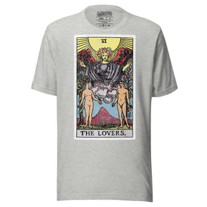 The Lovers tarot card, unveiled man and woman beneath winged figure with Tree of Life and serpent-wrapped Tree of Knowledge, Rider-Waite style, Artificial Perdition