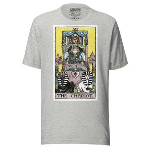 The Chariot tarot card, armored figure with starred crown riding chariot drawn by black and white sphinxes, city walls behind, Rider-Waite style, Artificial Perdition