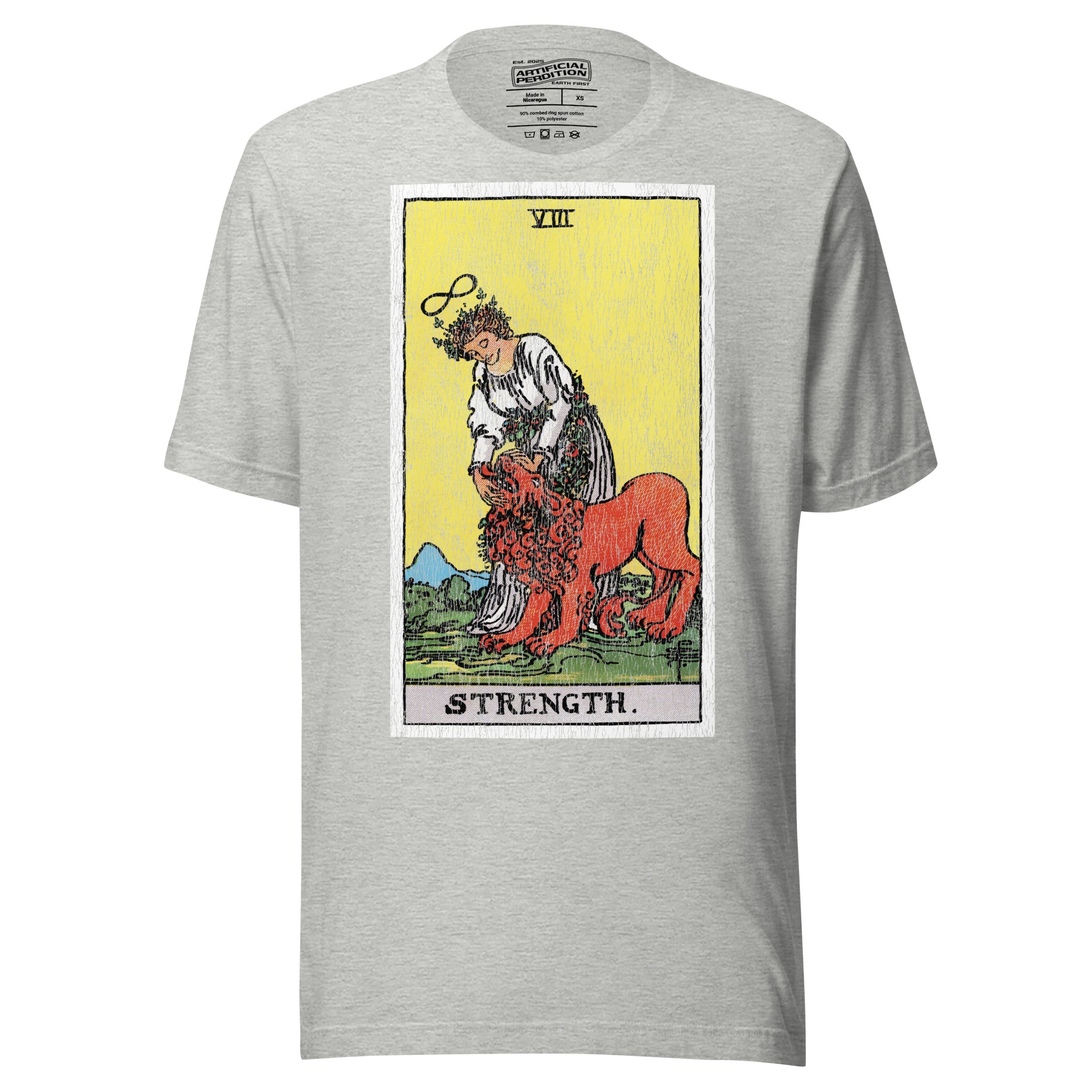 Card eight. The lion is already subdued, led by a chain of flowers. Strength is the quiet kind — fortitude, not force. Rider-Waite tarot apparel.