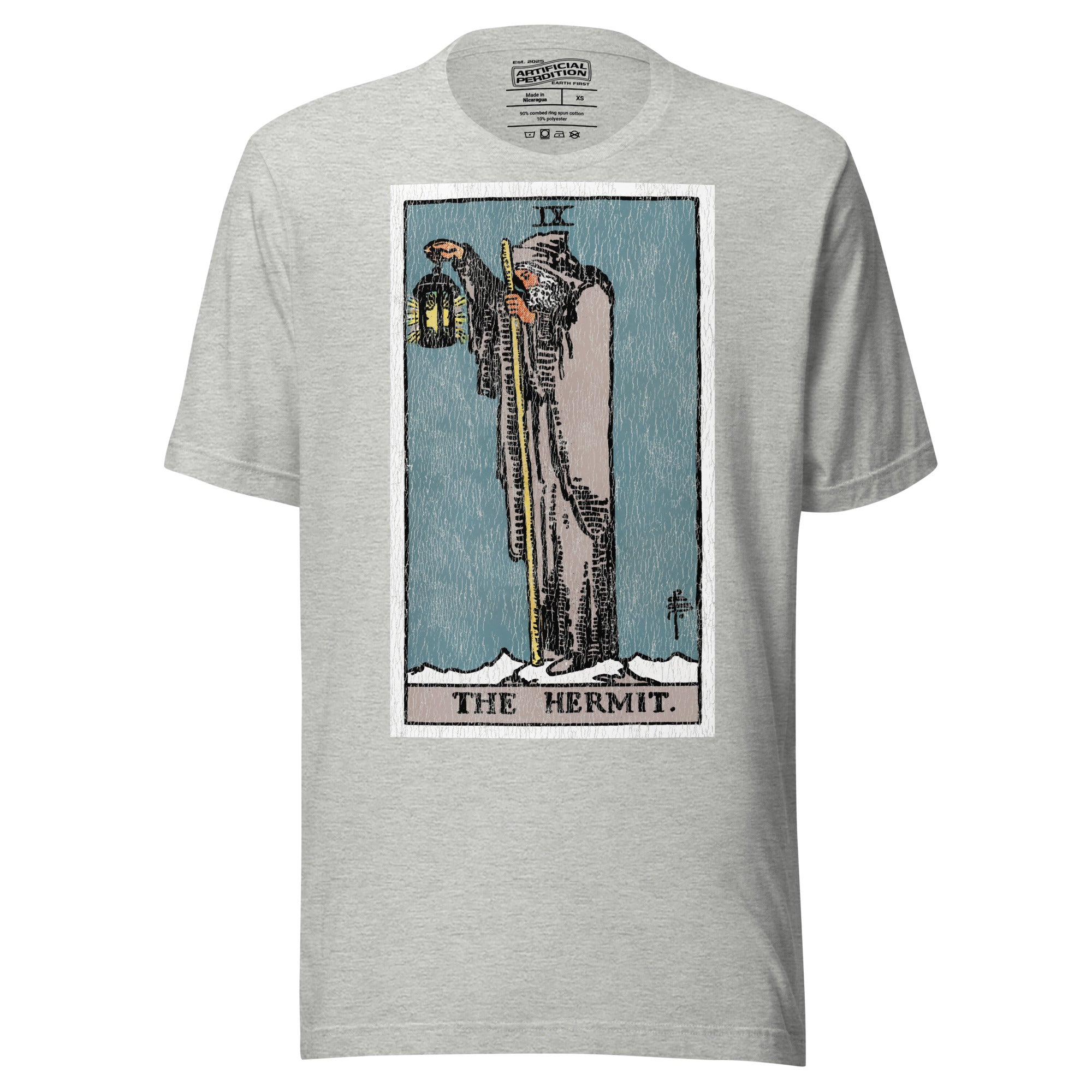 The Hermit tarot card, hooded robed figure on snowy summit holding a staff and lantern with star inside, Rider-Waite style, Artificial Perdition