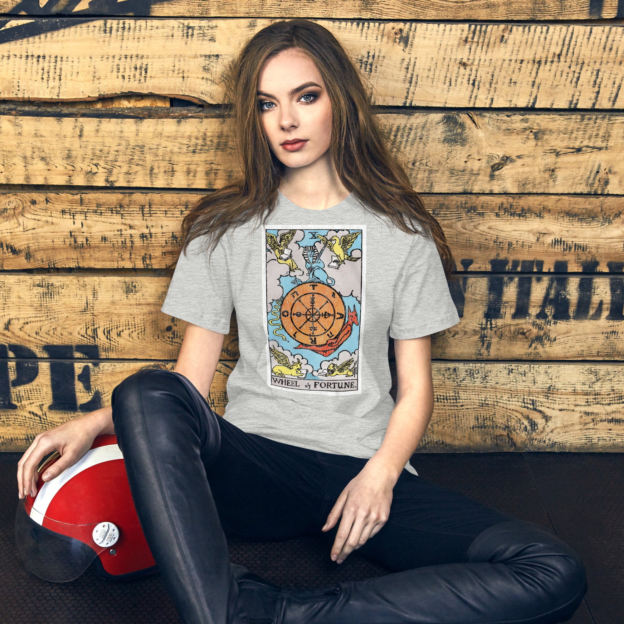 Wheel of Fortune tarot card, sphinx atop a turning wheel flanked by four creatures, Rider-Waite style, Artificial Perdition