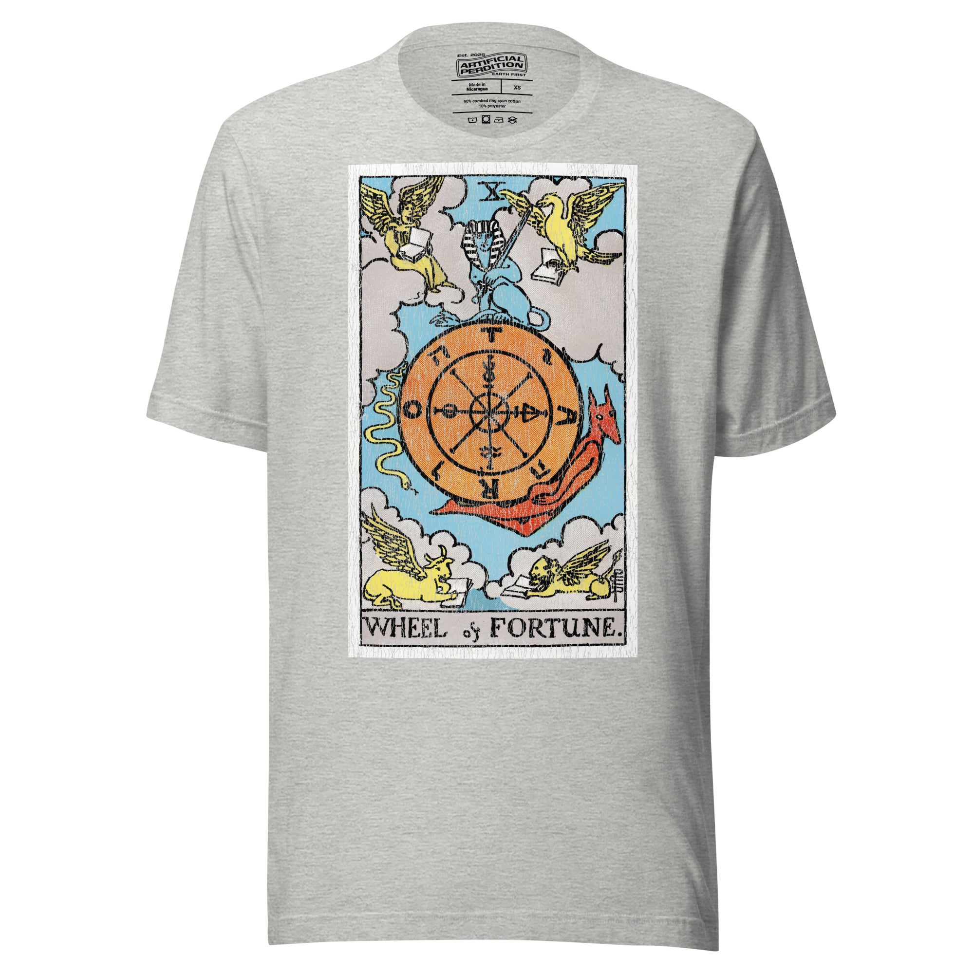 Wheel of Fortune tarot card, sphinx atop a turning wheel flanked by four creatures, Rider-Waite style, Artificial Perdition