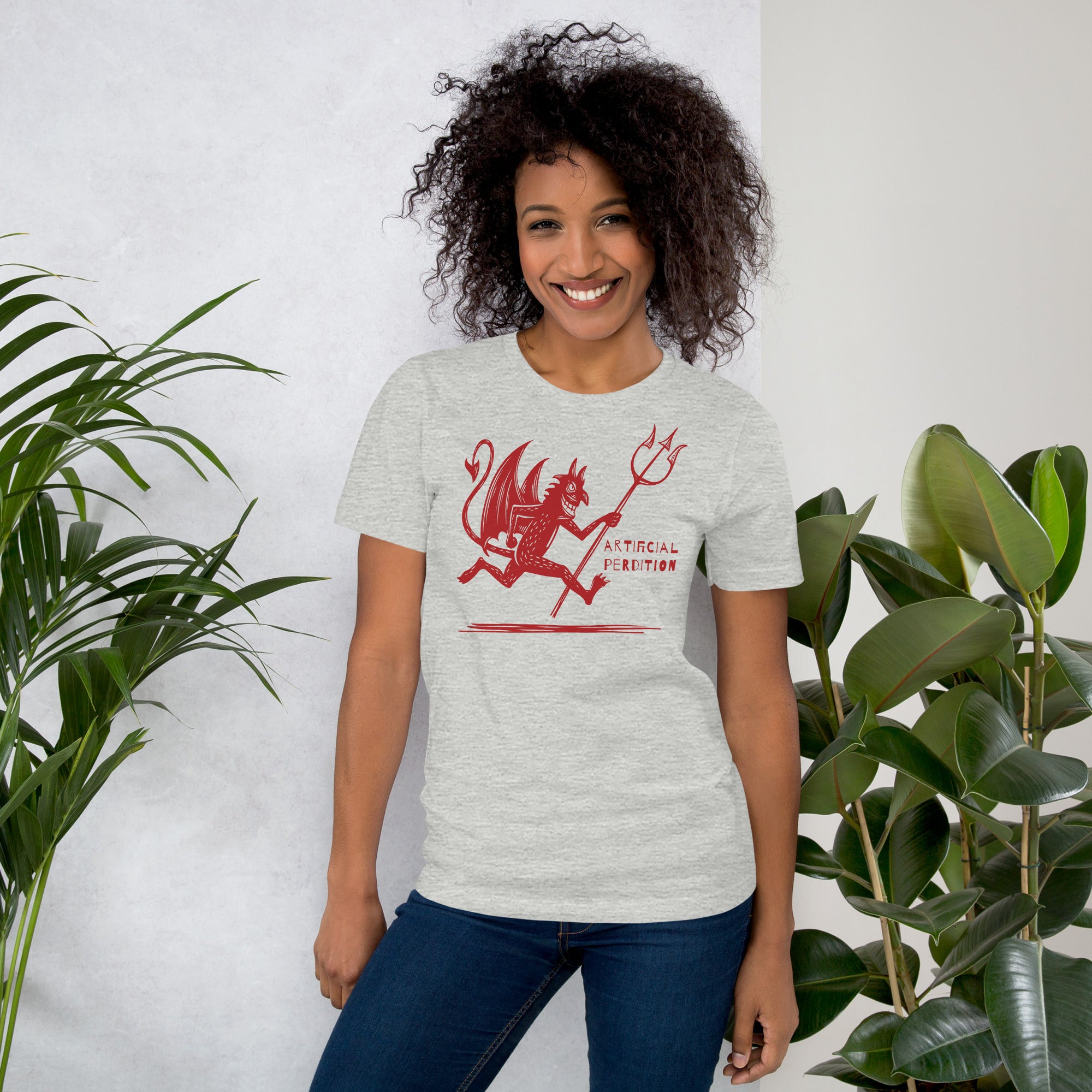 Artificial Perdition devil mascot, red illustrated devil mid-stride with trident and brand name, hand-drawn style on black, official logo tee