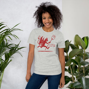 Artificial Perdition devil mascot, red illustrated devil mid-stride with trident and brand name, hand-drawn style on black, official logo tee