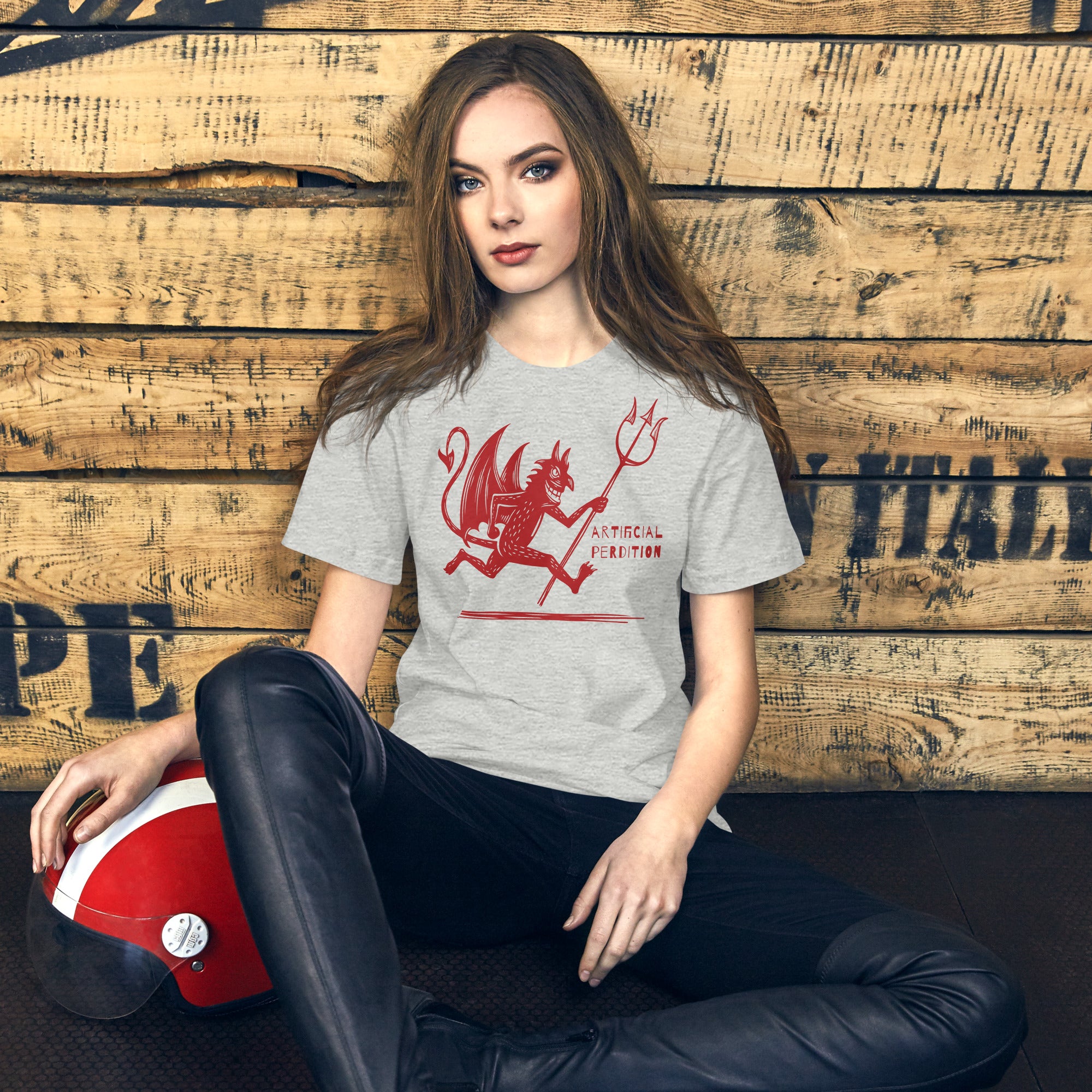 Artificial Perdition devil mascot, red illustrated devil mid-stride with trident and brand name, hand-drawn style on black, official logo tee