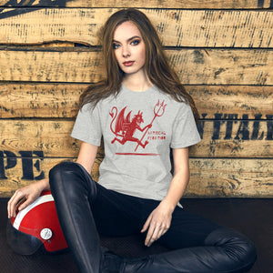 Artificial Perdition devil mascot, red illustrated devil mid-stride with trident and brand name, hand-drawn style on black, official logo tee