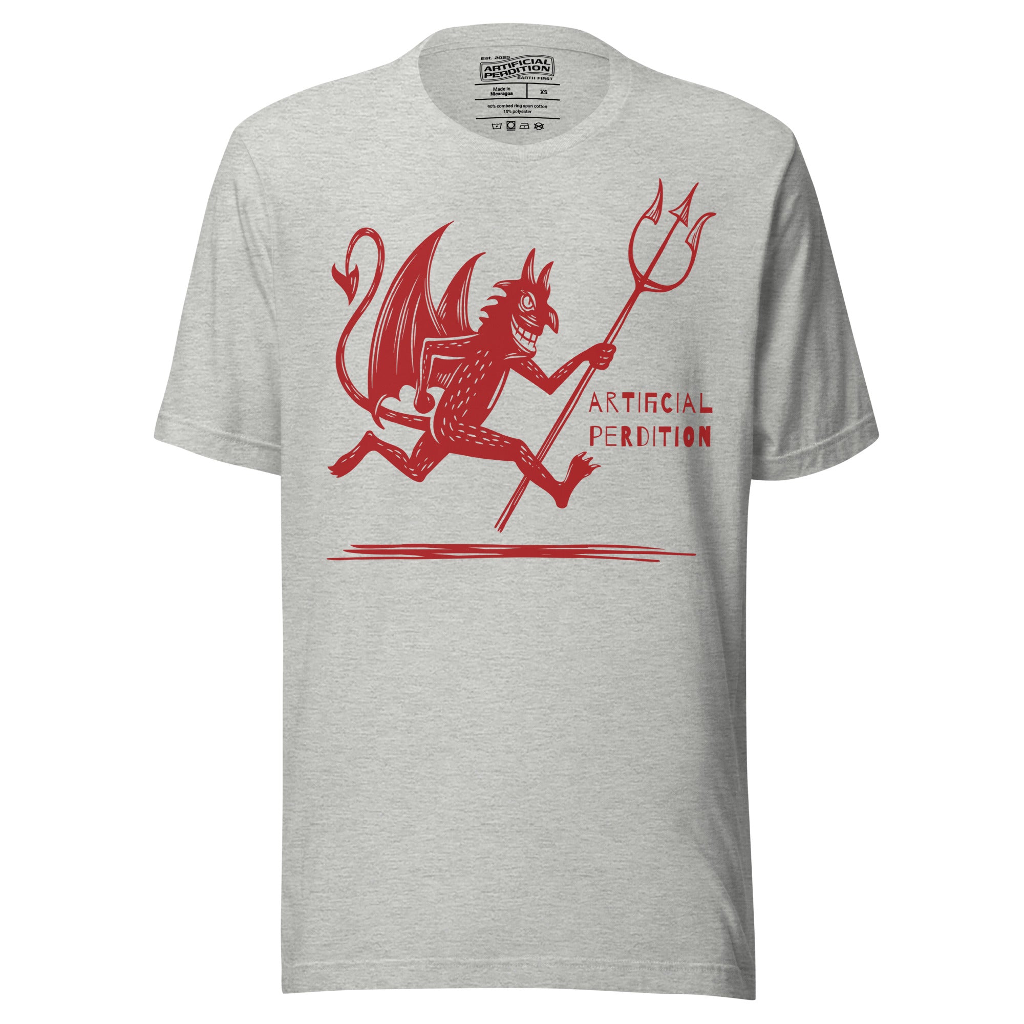 Artificial Perdition devil mascot, red illustrated devil mid-stride with trident and brand name, hand-drawn style on black, official logo tee