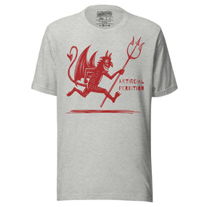 Artificial Perdition devil mascot, red illustrated devil mid-stride with trident and brand name, hand-drawn style on black, official logo tee
