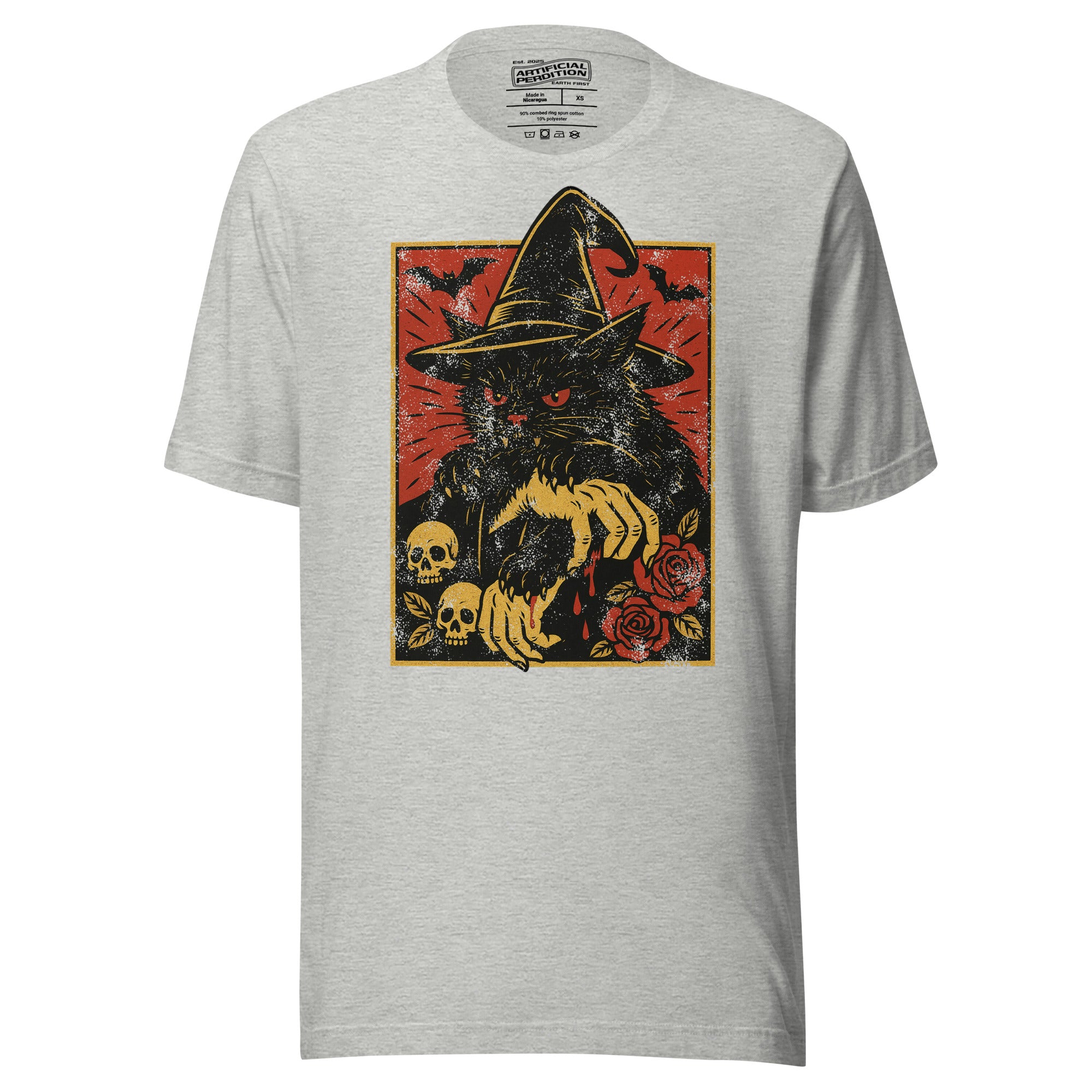 Black cat in witch hat with vampire fangs and skeletal dripping claws, skulls and roses flanking, bats in red sky, horror tattoo flash style, Artificial Perdition