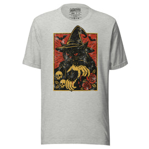 Black cat in witch hat with vampire fangs and skeletal dripping claws, skulls and roses flanking, bats in red sky, horror tattoo flash style, Artificial Perdition