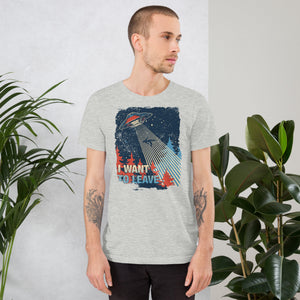 Retro poster style UFO beaming down into a midnight forest with I WANT TO LEAVE text, red and blue palette, Artificial Perdition apparel