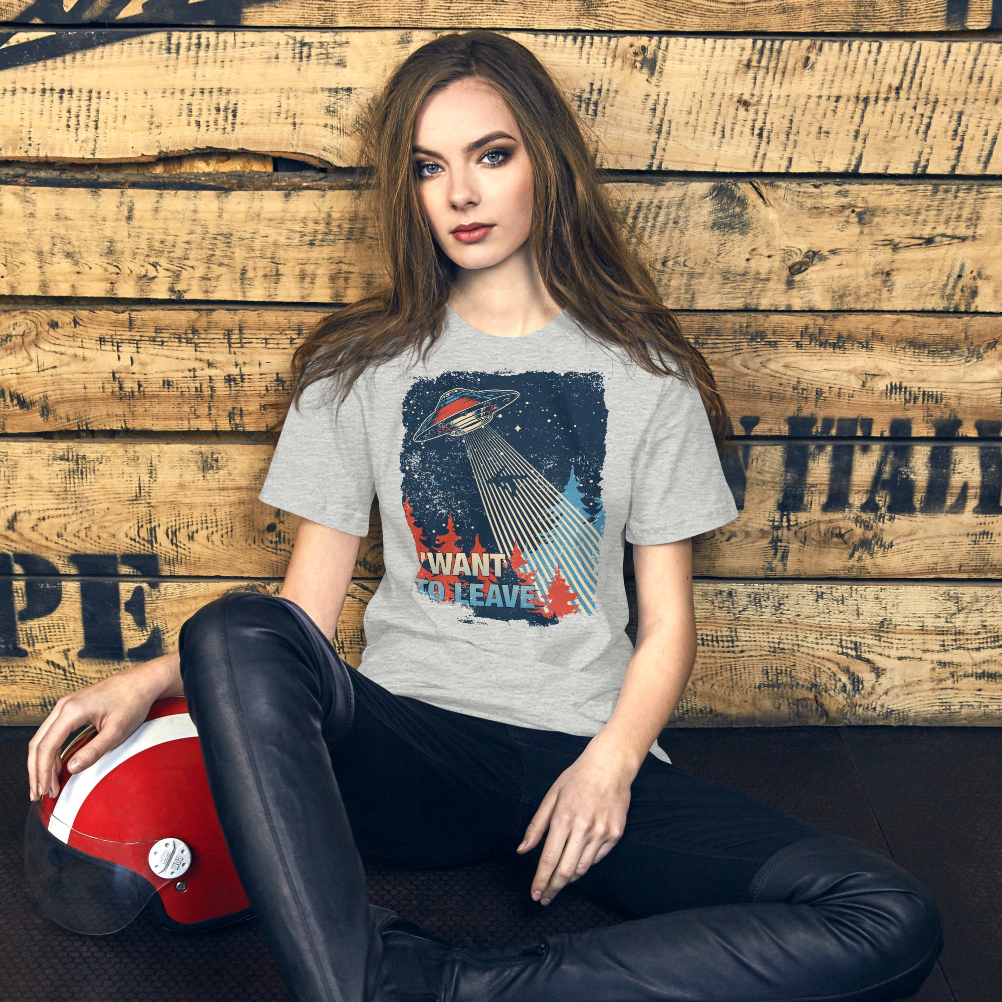 Retro poster style UFO beaming down into a midnight forest with I WANT TO LEAVE text, red and blue palette, Artificial Perdition apparel