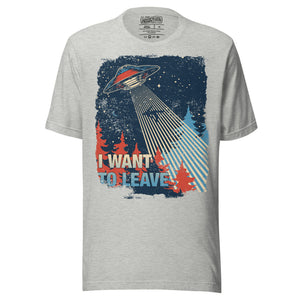 Retro poster style UFO beaming down into a midnight forest with I WANT TO LEAVE text, red and blue palette, Artificial Perdition apparel