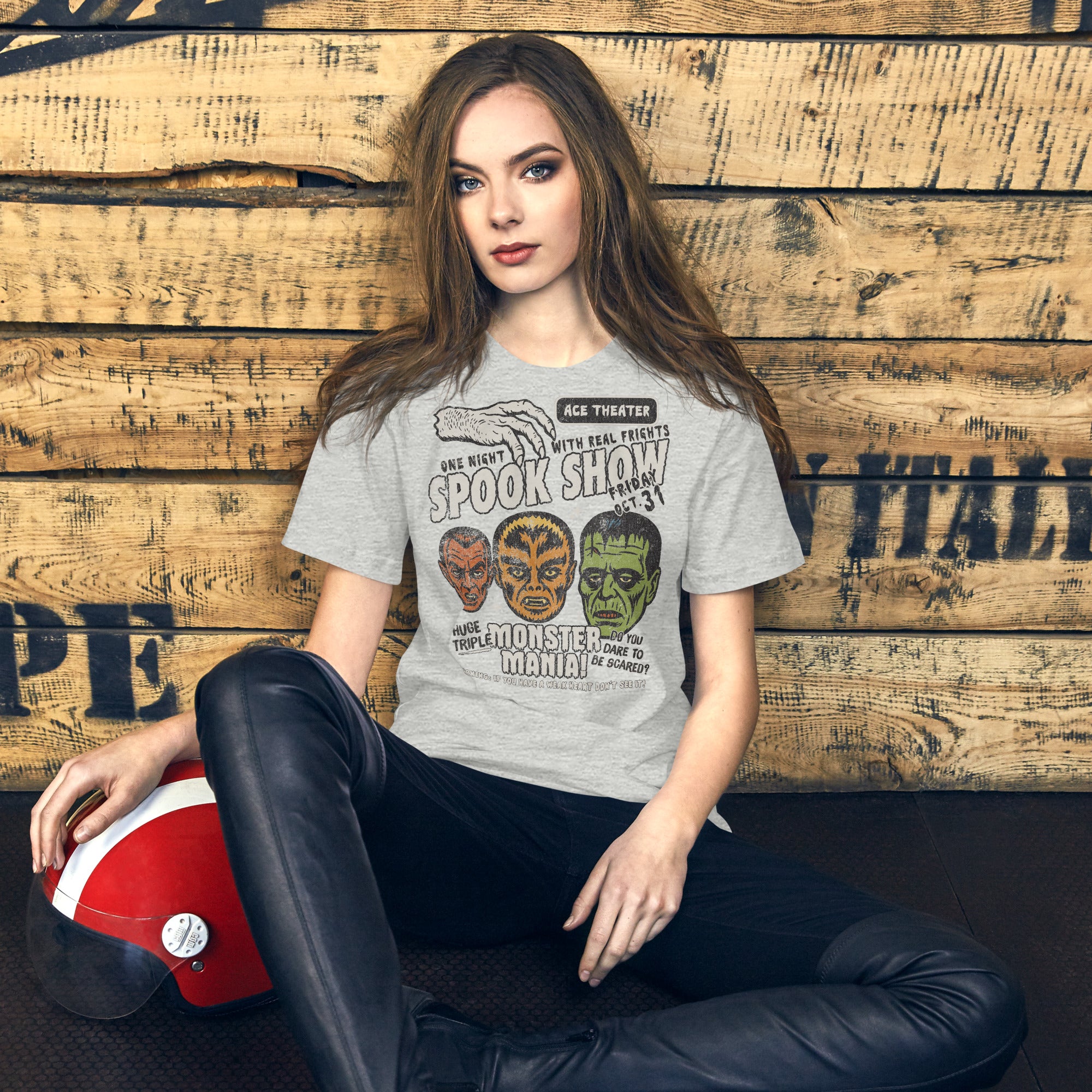 Vintage spook show poster style back print with three classic monster faces and Midnight Spook Show text, retro Halloween design, Artificial Perdition apparel