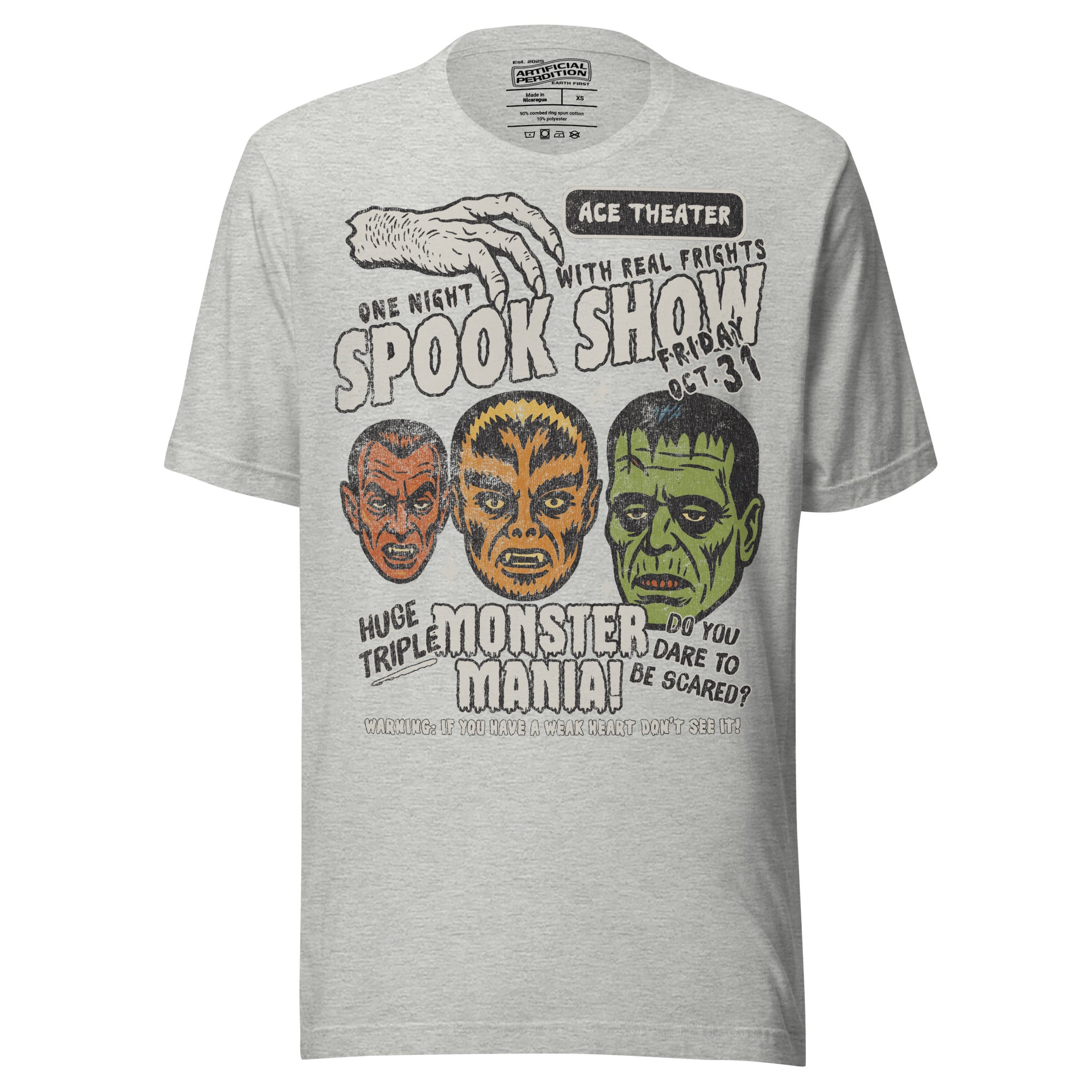 Vintage spook show poster style back print with three classic monster faces and Midnight Spook Show text, retro Halloween design, Artificial Perdition apparel