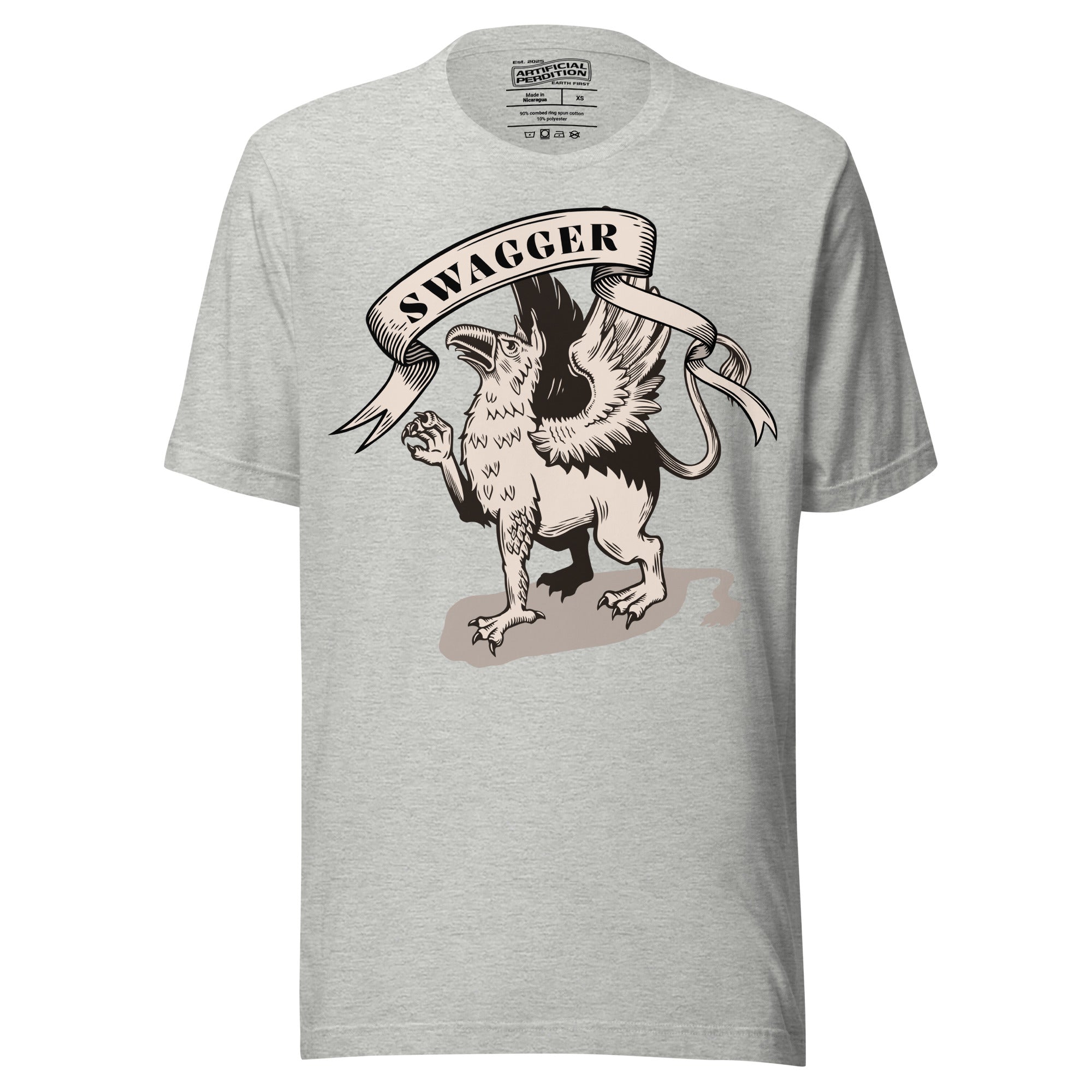 Rampant griffin in heraldic engraving style with Swagger banner ribbon, cream and black illustration, Artificial Perdition apparel
