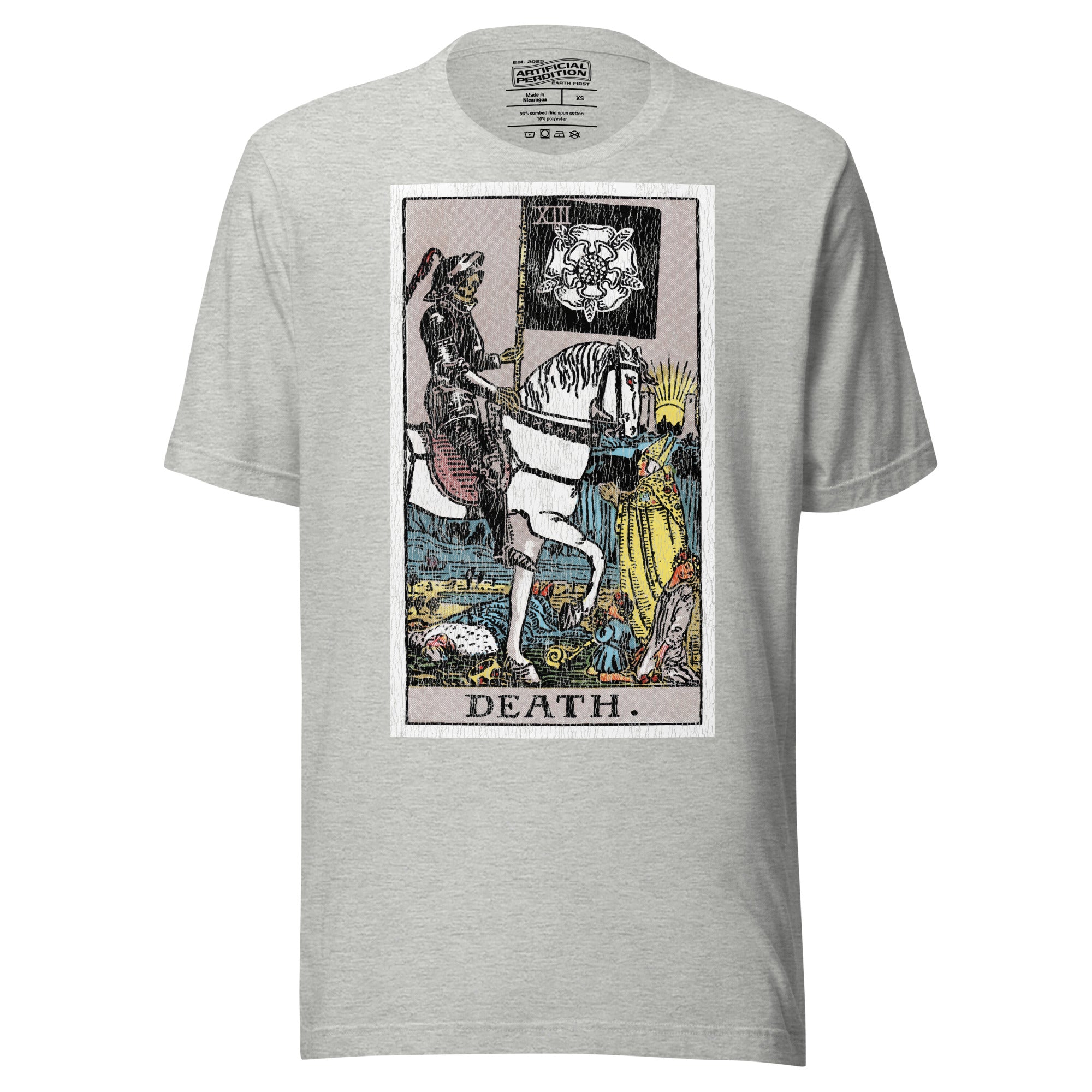 Death tarot card, skeletal horseman with black banner and white rose, figures fallen before him and sun rising on horizon, Rider-Waite style, Artificial Perdition