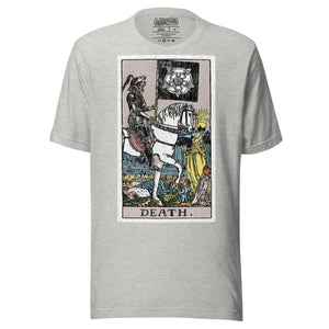 Death tarot card, skeletal horseman with black banner and white rose, figures fallen before him and sun rising on horizon, Rider-Waite style, Artificial Perdition