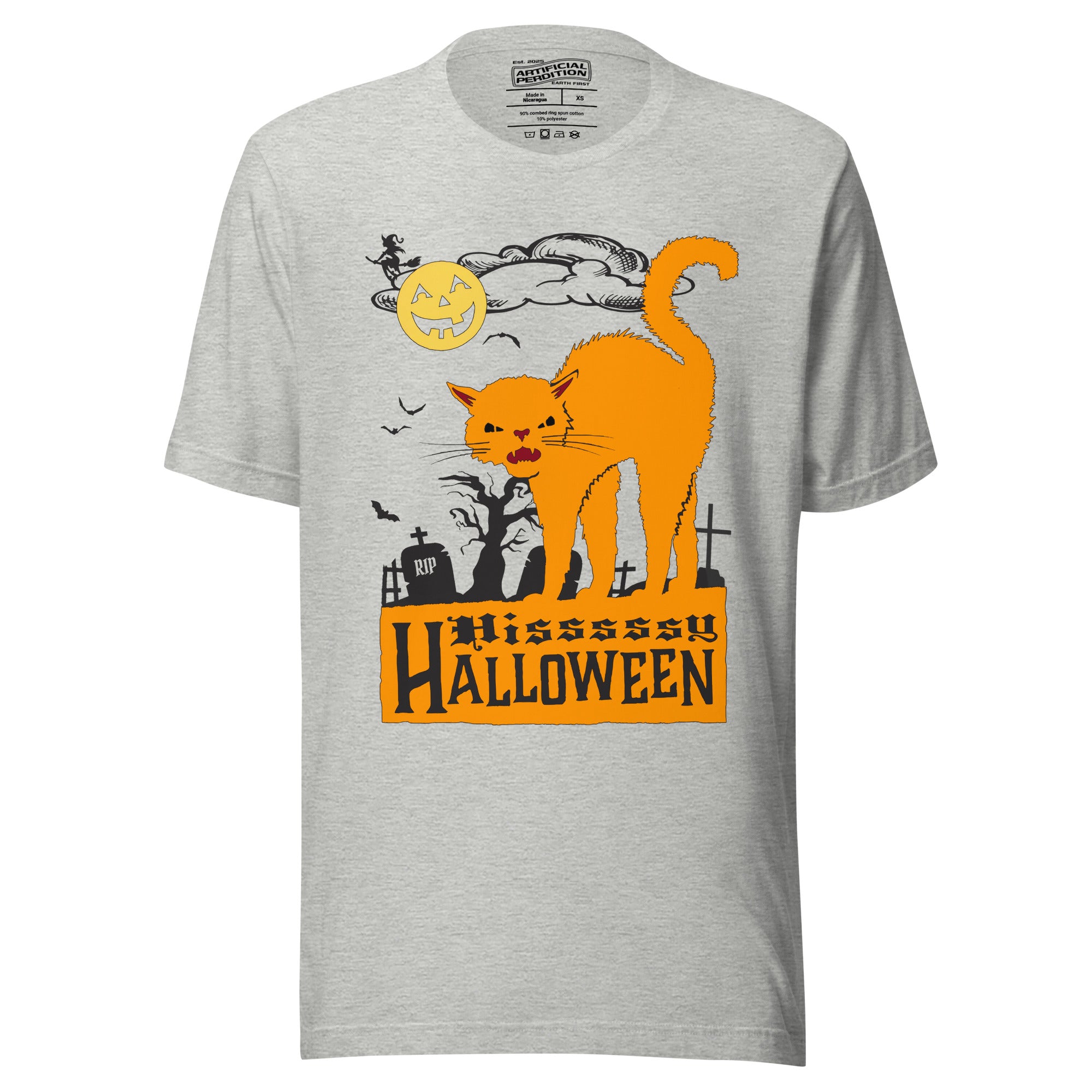 Orange arched Halloween cat hissing in graveyard scene with jack-o-lantern moon and bats, vintage poster style, Hissy Halloween, Artificial Perdition apparel