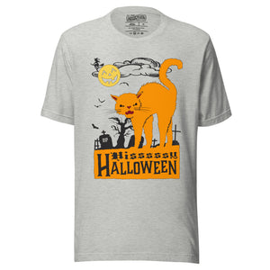 Orange arched Halloween cat hissing in graveyard scene with jack-o-lantern moon and bats, vintage poster style, Hissy Halloween, Artificial Perdition apparel