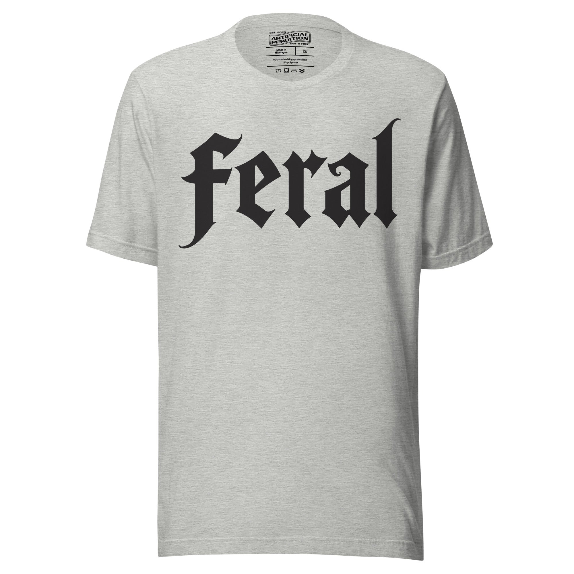 Feral in white blackletter font on dark heather grey t-shirt, bold single word graphic design, Artificial Perdition apparel
