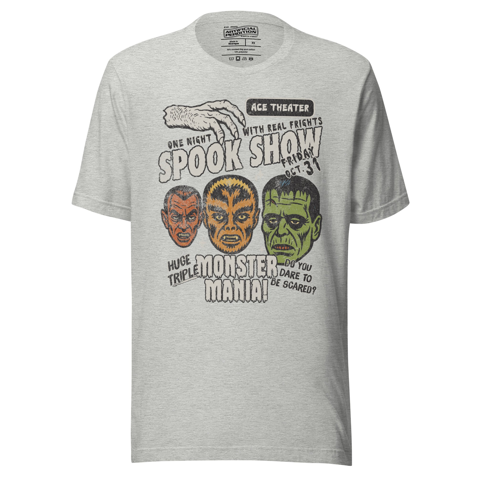 Vintage spook show poster front print with three classic monster faces, Ace Theater and Monster Mania text, distressed style on black, Artificial Perdition apparel