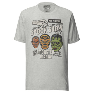 Vintage spook show poster front print with three classic monster faces, Ace Theater and Monster Mania text, distressed style on black, Artificial Perdition apparel