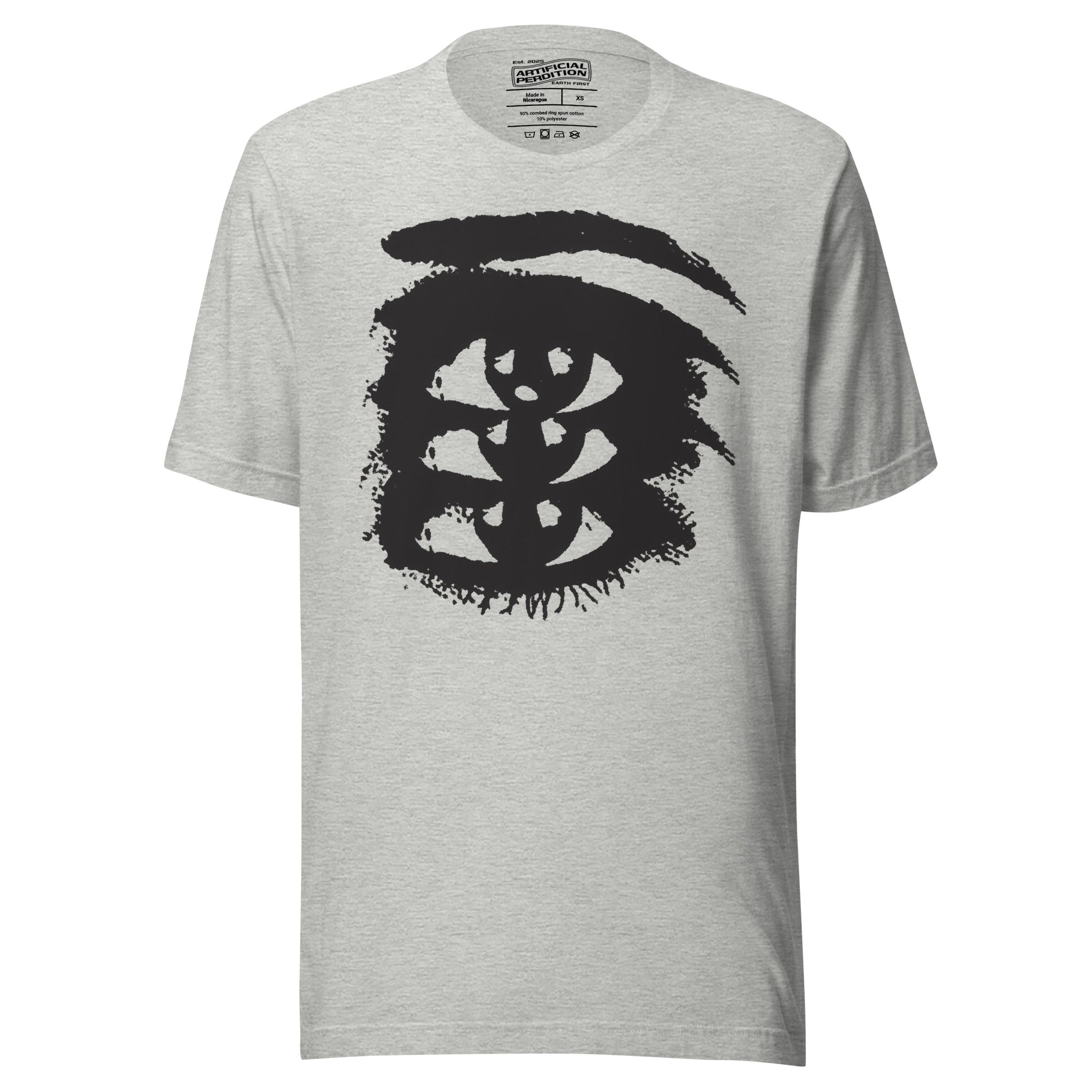 Rough ink brush stroke eye illustration in black and white, Thousand Yard Stare, high contrast graphic design, Artificial Perdition apparel