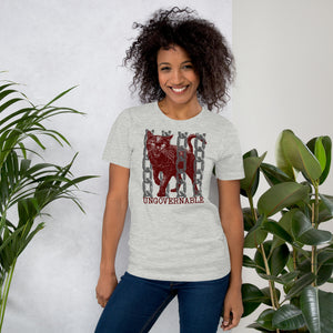 Product mockupSnarling cat breaking through chains with UNGOVERNABLE text, dithered halftone red on cream, Artificial Perdition apparel