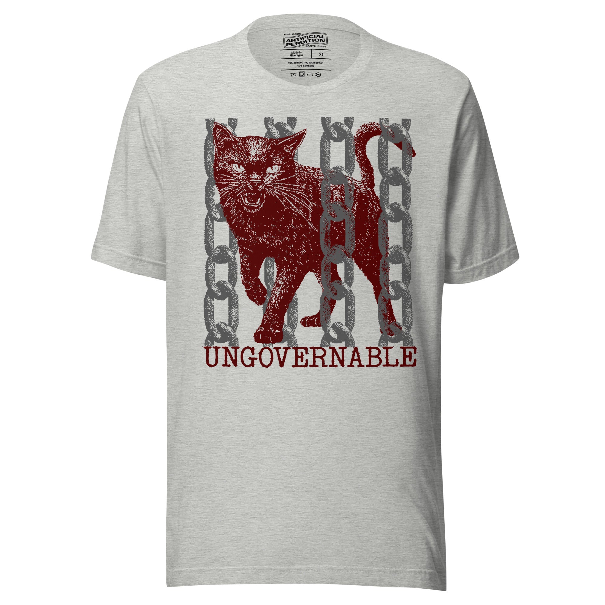 Product mockupSnarling cat breaking through chains with UNGOVERNABLE text, dithered halftone red on cream, Artificial Perdition apparel