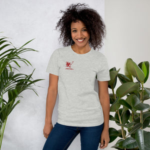 Artificial Perdition devil mascot, red illustrated devil mid-stride with trident and brand name, hand-drawn style on black, official logo tee