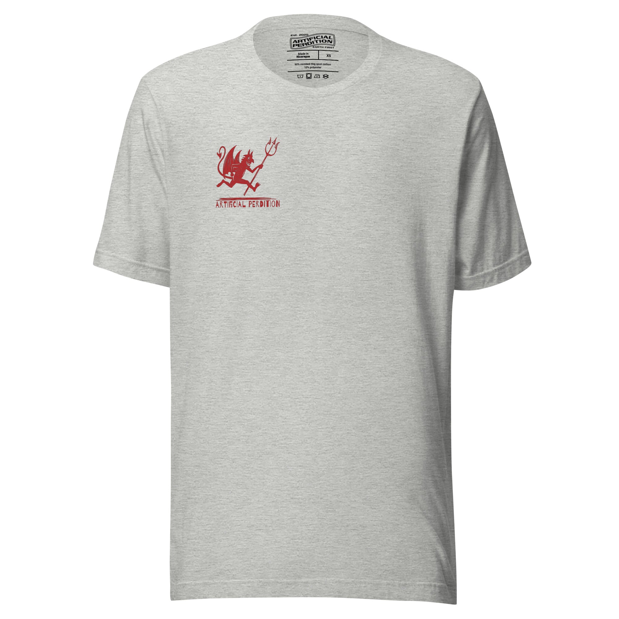 Artificial Perdition devil mascot, red illustrated devil mid-stride with trident and brand name, hand-drawn style on black, official logo tee