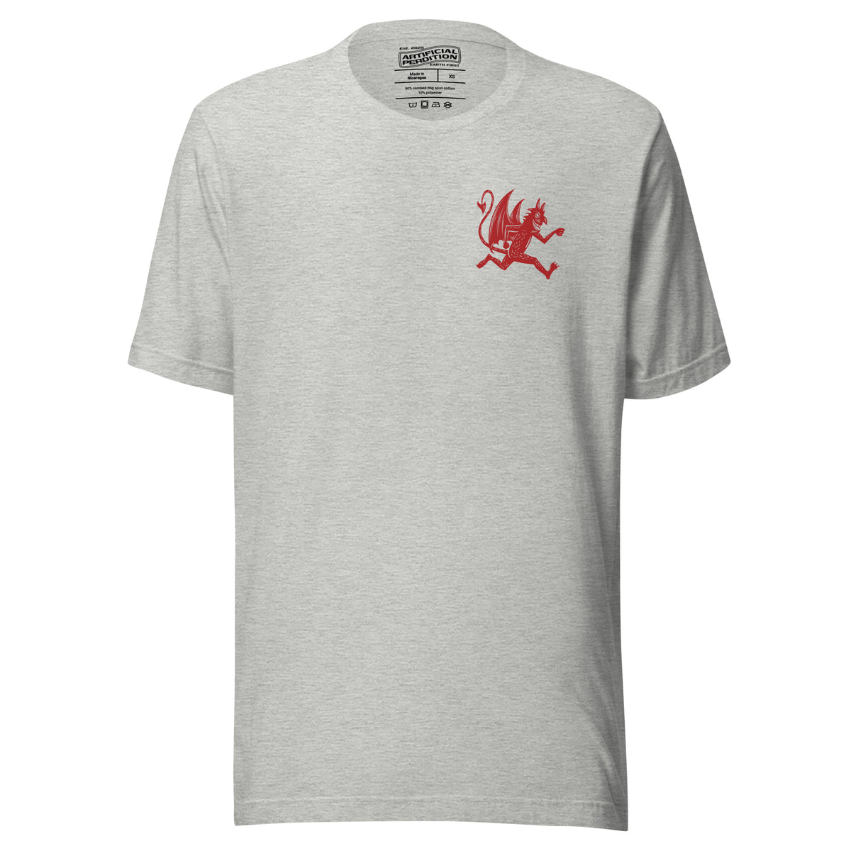 Artificial Perdition devil mascot, red illustrated devil mid-stride with trident and brand name, hand-drawn style on black, official logo tee