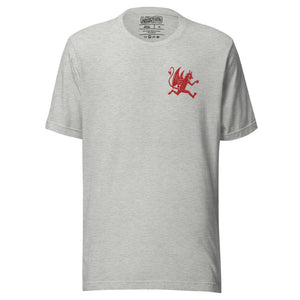 Artificial Perdition devil mascot, red illustrated devil mid-stride with trident and brand name, hand-drawn style on black, official logo tee