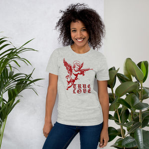 Red cherub angel with halo aiming rifle above blackletter True Love text, dark ironic tattoo flash style, Artificial Perdition apparel