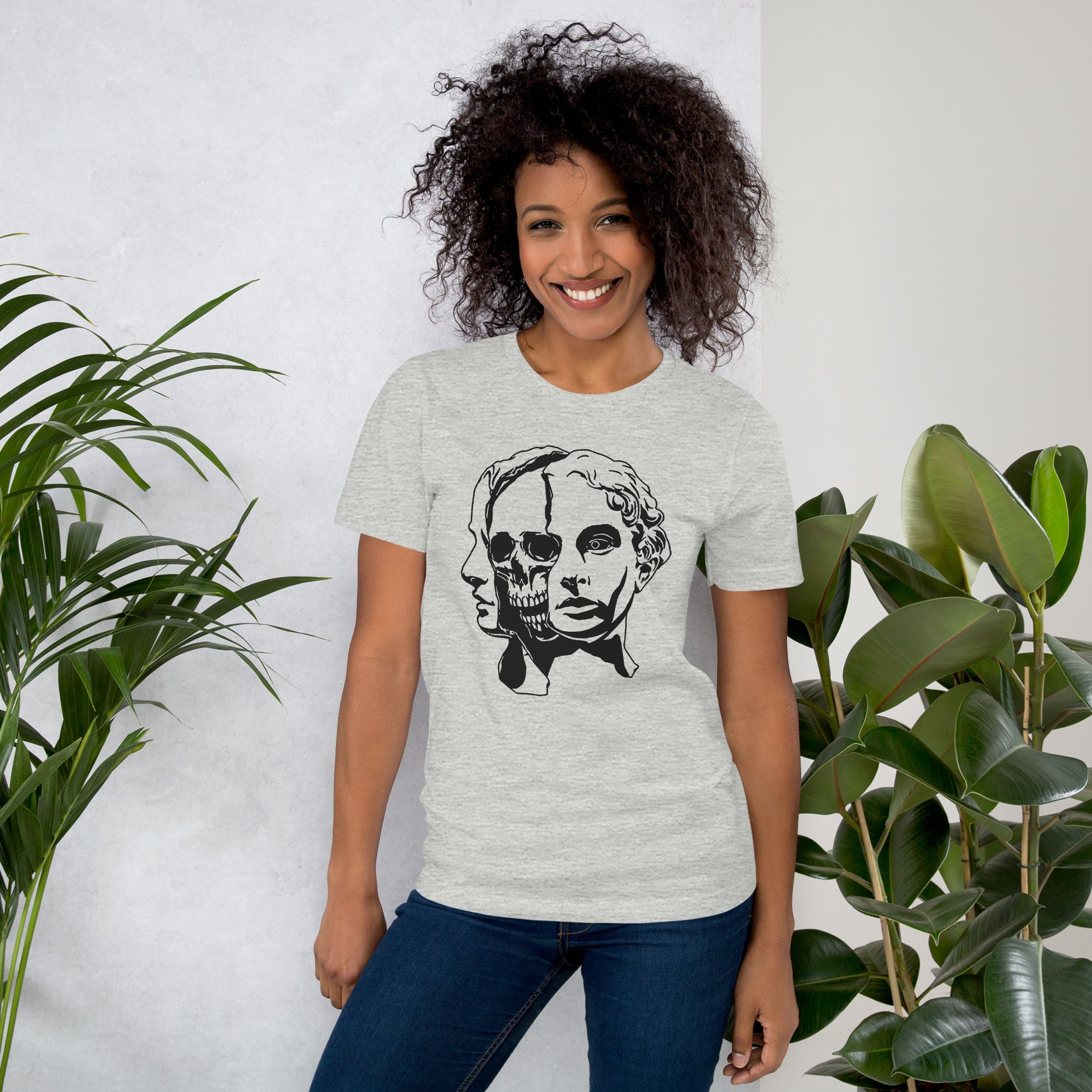 Split face illustration, half classical sculpture bust and half skull, black and white high contrast, Dead Inside, Artificial Perdition apparel