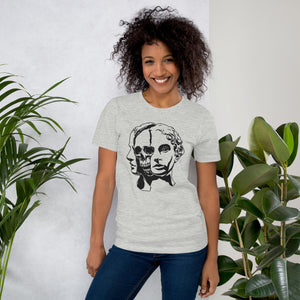 Split face illustration, half classical sculpture bust and half skull, black and white high contrast, Dead Inside, Artificial Perdition apparel