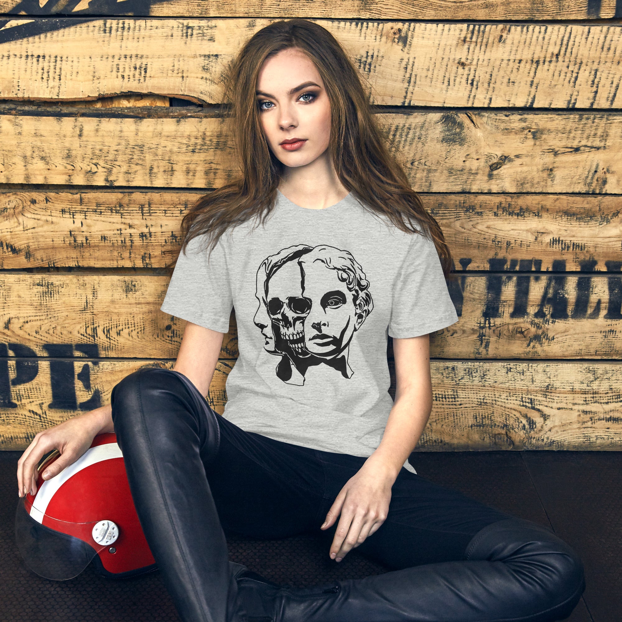 Split face illustration, half classical sculpture bust and half skull, black and white high contrast, Dead Inside, Artificial Perdition apparel