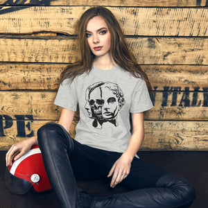 Split face illustration, half classical sculpture bust and half skull, black and white high contrast, Dead Inside, Artificial Perdition apparel