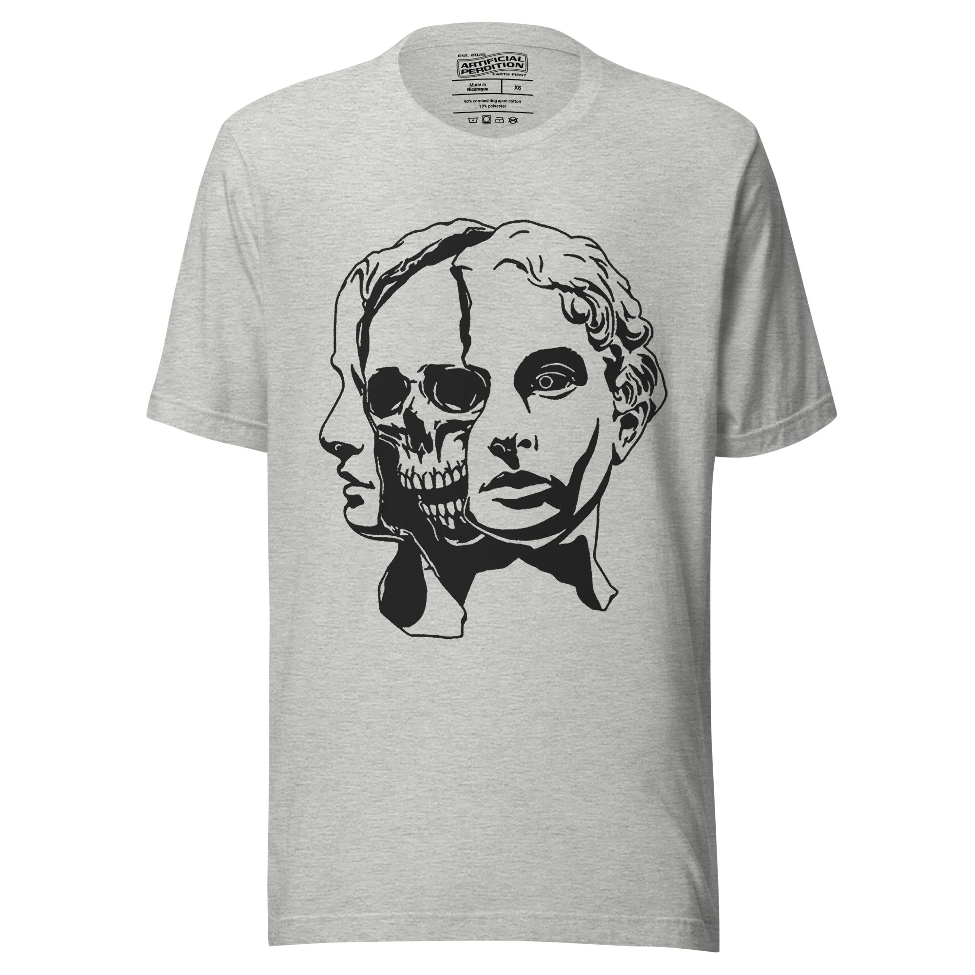 Split face illustration, half classical sculpture bust and half skull, black and white high contrast, Dead Inside, Artificial Perdition apparel