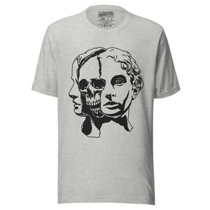 Split face illustration, half classical sculpture bust and half skull, black and white high contrast, Dead Inside, Artificial Perdition apparel